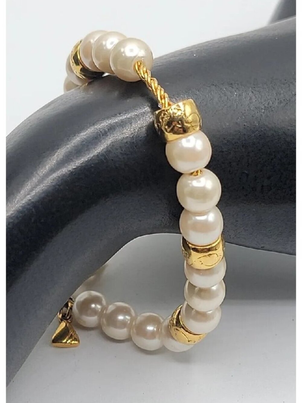 Vintage LCI Liz Claiborne Faux Pearl Gold Tone Bead Bracelet 1990s 7.5" Cable - Picture 8 of 13